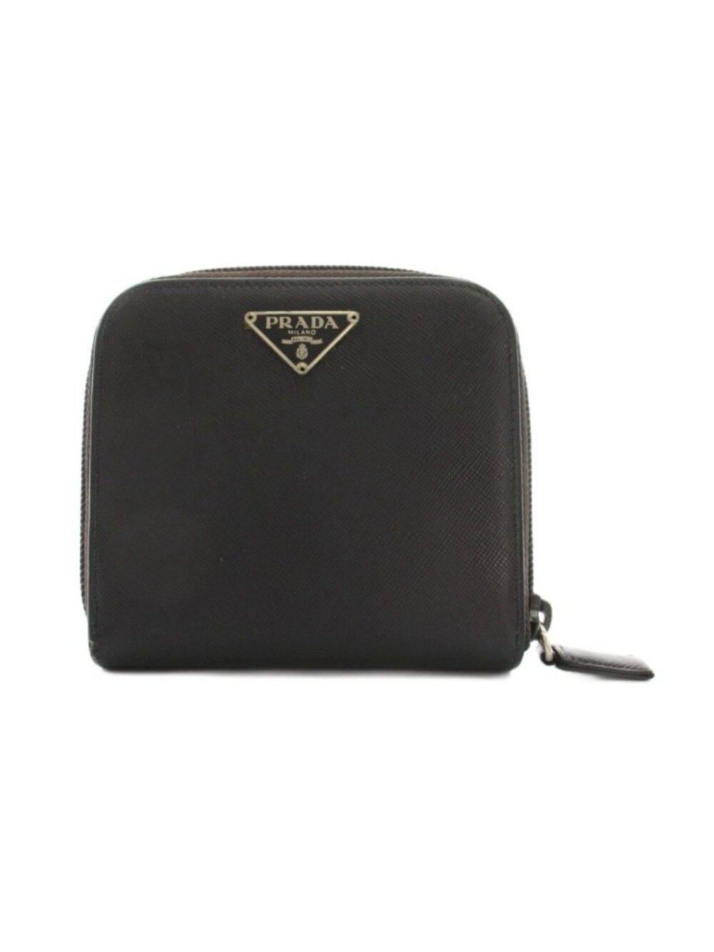 Prada Triangular Plate Bifold Wallet Zip Around Leather Black